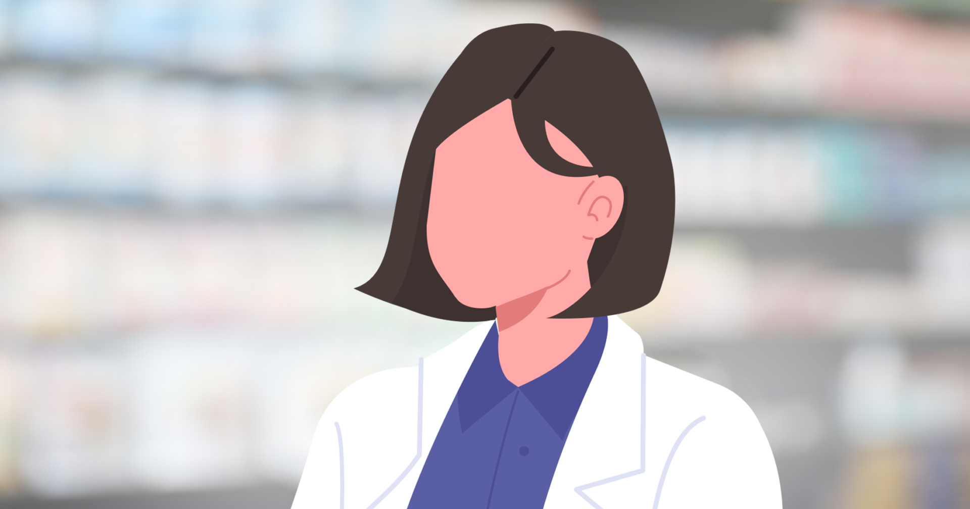 Die Illustration einer gesichtslosen Frau mit kurzen braunen Haaren, die einen wei&szlig;en Laborkittel &uuml;ber einem blauen Hemd tr&auml;gt, steht vor verschwommenen Regalen.