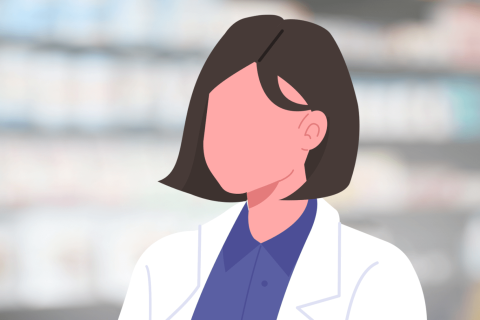 Die Illustration einer gesichtslosen Frau mit kurzen braunen Haaren, die einen wei&szlig;en Laborkittel &uuml;ber einem blauen Hemd tr&auml;gt, steht vor verschwommenen Regalen.