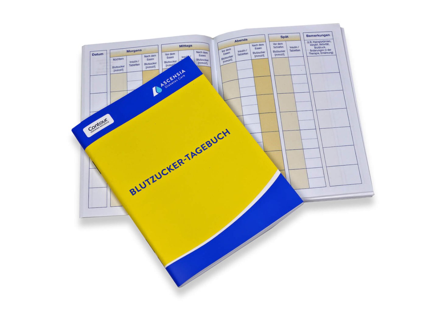 Ein gelb-blaues B&uuml;chlein mit der Aufschrift Blutzucker-Tagebuch liegt auf einem aufgeschlagenen Logbuch mit einer Tabelle zur &Uuml;berwachung des Blutzuckerspiegels in deutscher Sprache, ideal f&uuml;r einen Ferien-Check vor der Reise.
