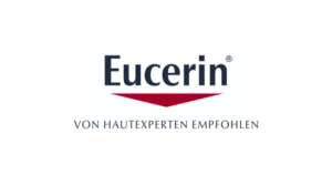 Eucerin-Logo mit roter Unterstreichung und dem Schriftzug VON HAUTEXPERTEN EMPFOHLEN, d. h. von Hautexperten empfohlen.