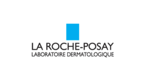 Logo von La Roche-Posay mit einem blauen Quadrat &uuml;ber dem Markennamen in schwarzer Schrift und der Aufschrift Laboratoire Dermatologique in kleinerer Schrift darunter.