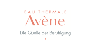 Logo f&uuml;r Av&egrave;ne mit dem Text EAU THERMALE Av&egrave;ne Die Quelle der Beruhigung in einem minimalistischen Stil, mit einem kleinen Punkt unterhalb des Textes, alles auf wei&szlig;em Hintergrund.
