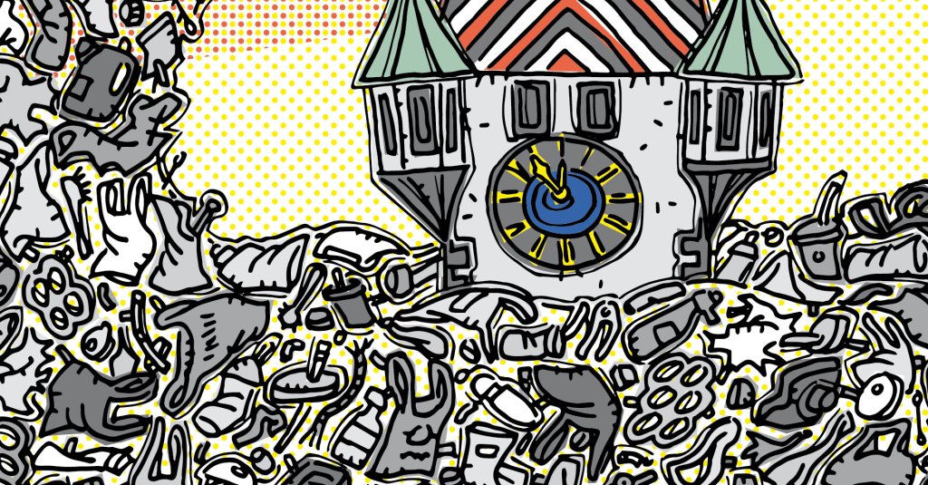 Ein Uhrenturm im Cartoon-Stil ist von gro&szlig;en Haufen von M&uuml;ll und weggeworfenen Gegenst&auml;nden umgeben, die ein Plastik-Experiment vor einem gepunkteten Pop-Art-Hintergrund in Rot, Gelb und Wei&szlig; hervorheben.