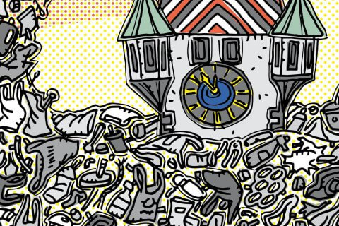 Ein Uhrenturm im Cartoon-Stil ist von gro&szlig;en Haufen von M&uuml;ll und weggeworfenen Gegenst&auml;nden umgeben, die ein Plastik-Experiment vor einem gepunkteten Pop-Art-Hintergrund in Rot, Gelb und Wei&szlig; hervorheben.