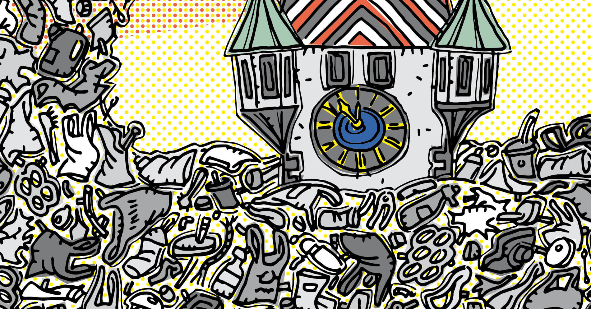 Ein Uhrenturm im Cartoon-Stil ist von gro&szlig;en Haufen von M&uuml;ll und weggeworfenen Gegenst&auml;nden umgeben, die ein Plastik-Experiment vor einem gepunkteten Pop-Art-Hintergrund in Rot, Gelb und Wei&szlig; hervorheben.
