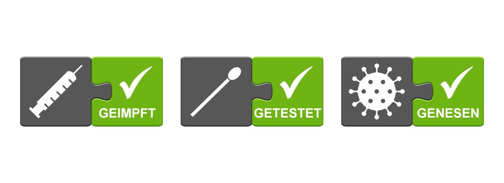 Drei Puzzleteile: das erste hat eine Spritze und das Wort GEIMPFT (geimpft), das zweite einen Tupfer und GETESTET (getestet), das dritte zeigt ein Coronavirus-Symbol und GENESEN (genesen); jedes erh&auml;lt ein gr&uuml;nes H&auml;kchen, das das Covid-Zertifikat symbolisiert.