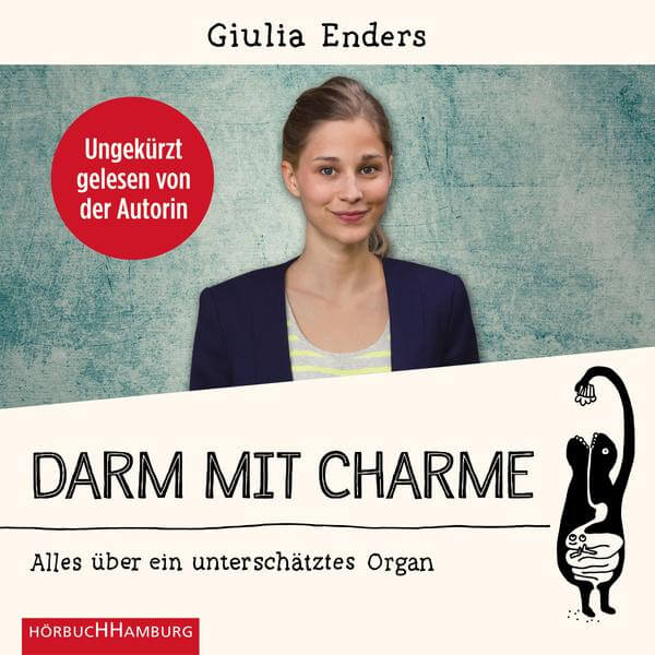 Cover des H&ouml;rbuchs Darm mit Charme von Giulia Enders. Es zeigt eine l&auml;chelnde Frau, einen roten Kreis mit Text und einen illustrierten schwarzen Darm mit erhobenem Arm, der Gesundheit und gesunde Ern&auml;hrung hervorhebt. Der deutsche Text enth&auml;lt Titel und Autor.