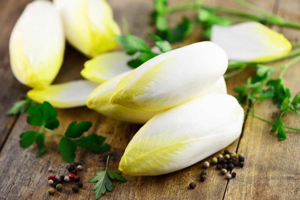 Mehrere K&ouml;pfe frischer belgischer Endivie mit gelben Blattspitzen liegen auf einer rustikalen Holzunterlage, umgeben von Petersilienzweigen und gemischten Pfefferk&ouml;rnern - perfekt f&uuml;r eine gesunde Ern&auml;hrung, besonders in den Wintermonaten zur Unterst&uuml;tzung der Gesundheit.