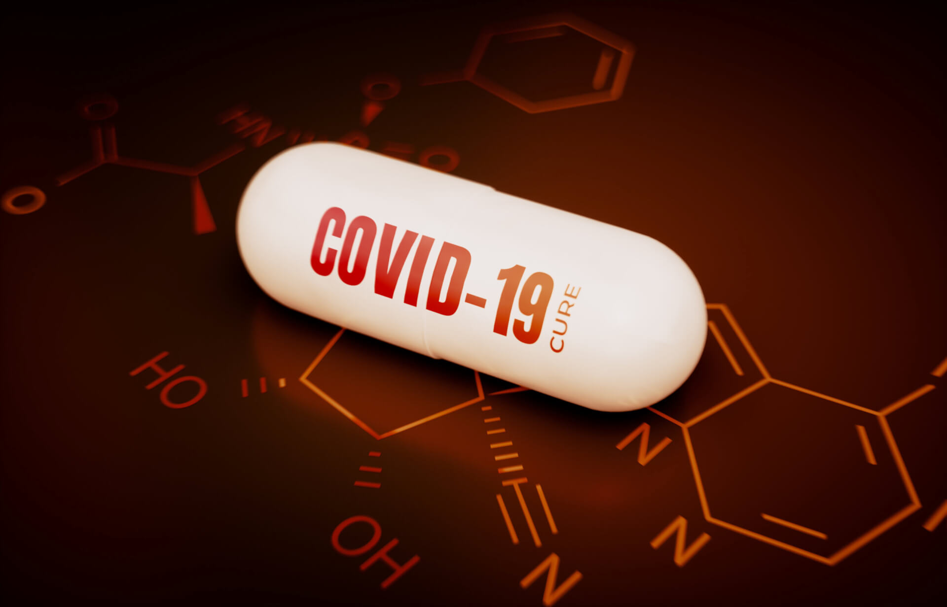 Eine wei&szlig;e Kapsel mit der Aufschrift "COVID-19 Cure" ruht auf einem abstrakten, orangefarbenen Hintergrund mit chemischen Strukturdiagrammen, die die Hoffnung auf die Entwicklung von COVID-19-Medikamenten symbolisieren.
