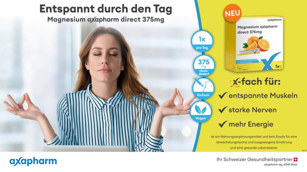 Eine Frau sitzt im Schneidersitz, hat die Augen geschlossen und macht mit beiden H&auml;nden eine "Okay"-Geste. Rechts ist eine Packung Magnesium axapharm direct 375mg abgebildet, auf der die Vorteile wie entspannte Muskeln, starke Nerven und mehr Energie hervorgehoben werden.