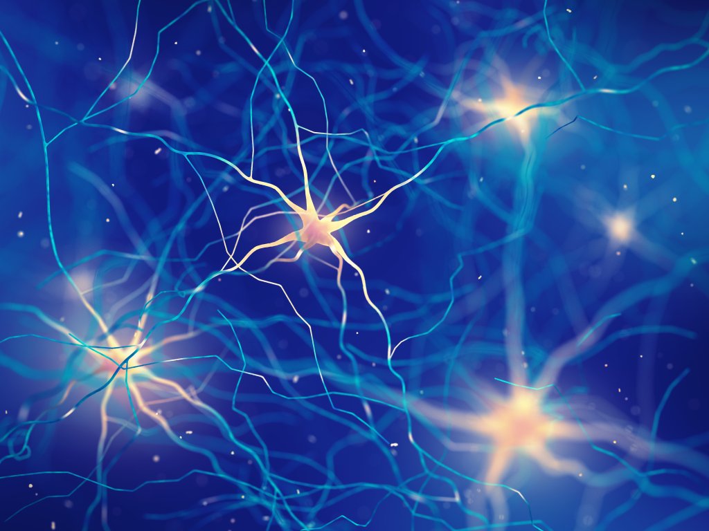 Eine digitale Illustration von leuchtenden Neuronen, die durch d&uuml;nne, verzweigte Axone und Dendriten vor einem blauen Hintergrund miteinander verbunden sind, stellt die neuronale Aktivit&auml;t im Gehirn und die potenziellen Auswirkungen des Placebo-Effekts dar.