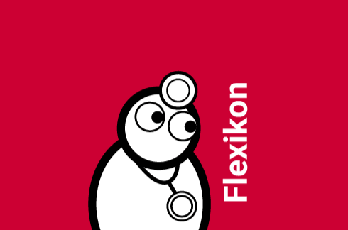 Eine einfache Cartoon-Figur mit Stethoskop und Kopfspiegel, die den Placebo-Effekt darstellt, steht auf rotem Hintergrund neben dem Wort Flexikon, das vertikal in wei&szlig;er Schrift geschrieben ist.