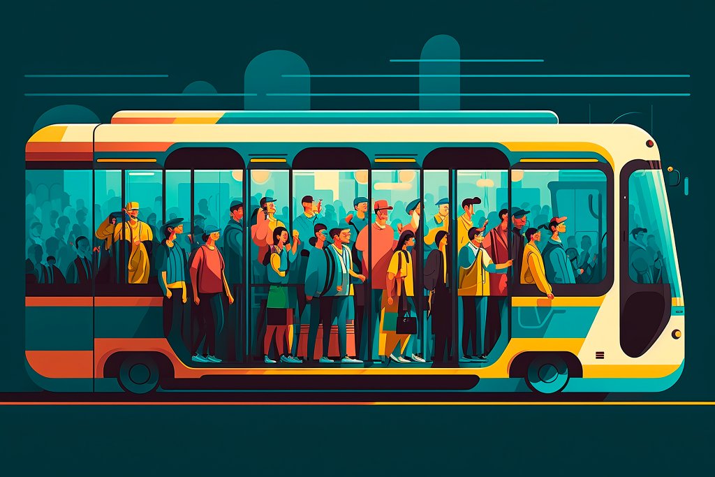 Illustration eines &uuml;berf&uuml;llten Stadtbusses mit stehenden und sitzenden Menschen im Inneren, dargestellt durch gro&szlig;e Fenster. Die Szene ist farbenfroh und stilisiert - ein Fahrgast reibt sich sanft den kleinen Zeh, w&auml;hrend andere ein Tablette halten, eingerahmt von st&auml;dtischen Geb&auml;uden drau&szlig;en.