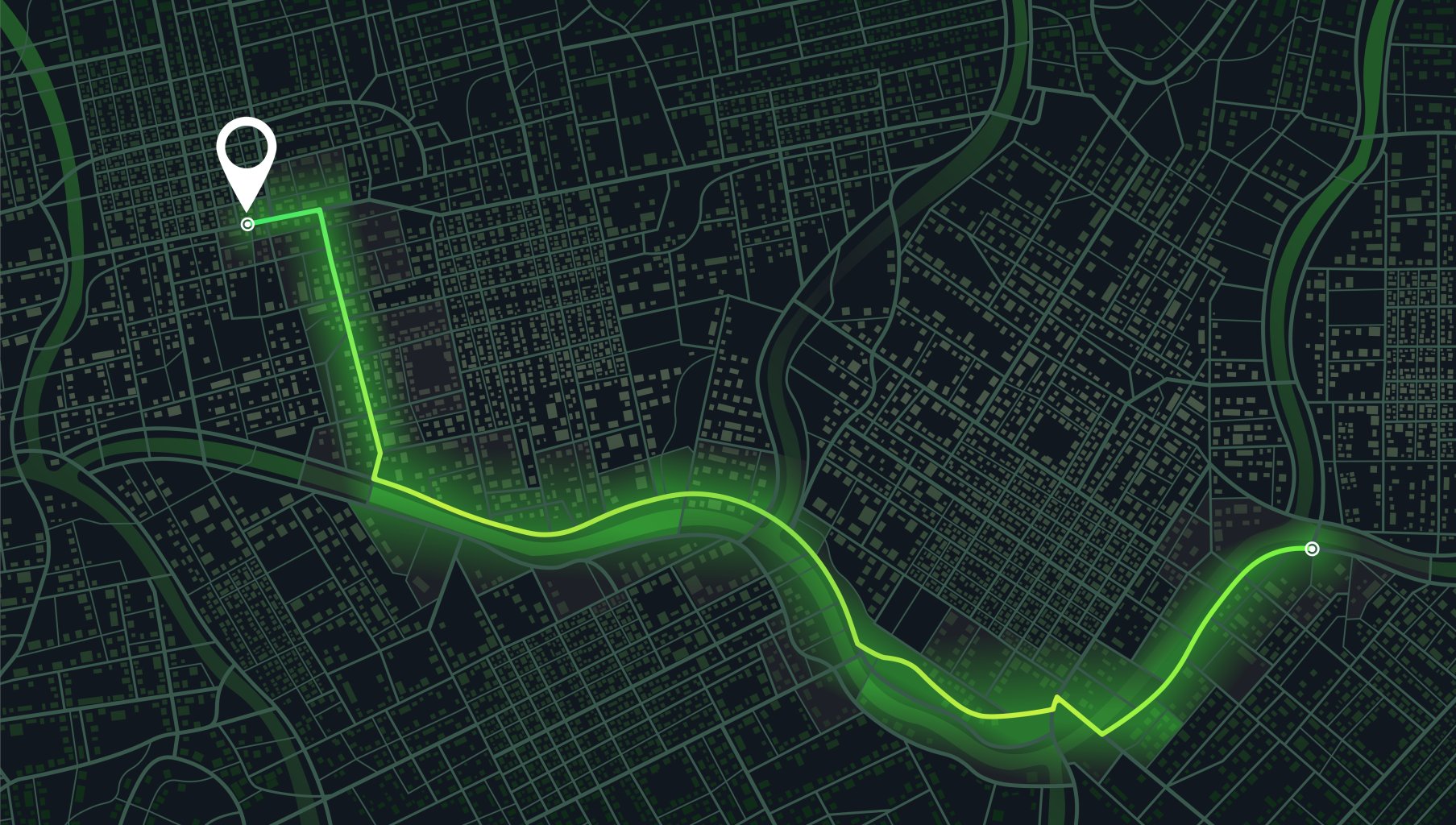 Eine digitale Karte auf einem Tablette mit einer gr&uuml;n leuchtenden Route zwischen zwei Punkten, die mit einer wei&szlig;en Stecknadel am Anfang und einem blauen Punkt am Ende markiert ist, zeigt einen Weg durch die Stra&szlig;en der Stadt.