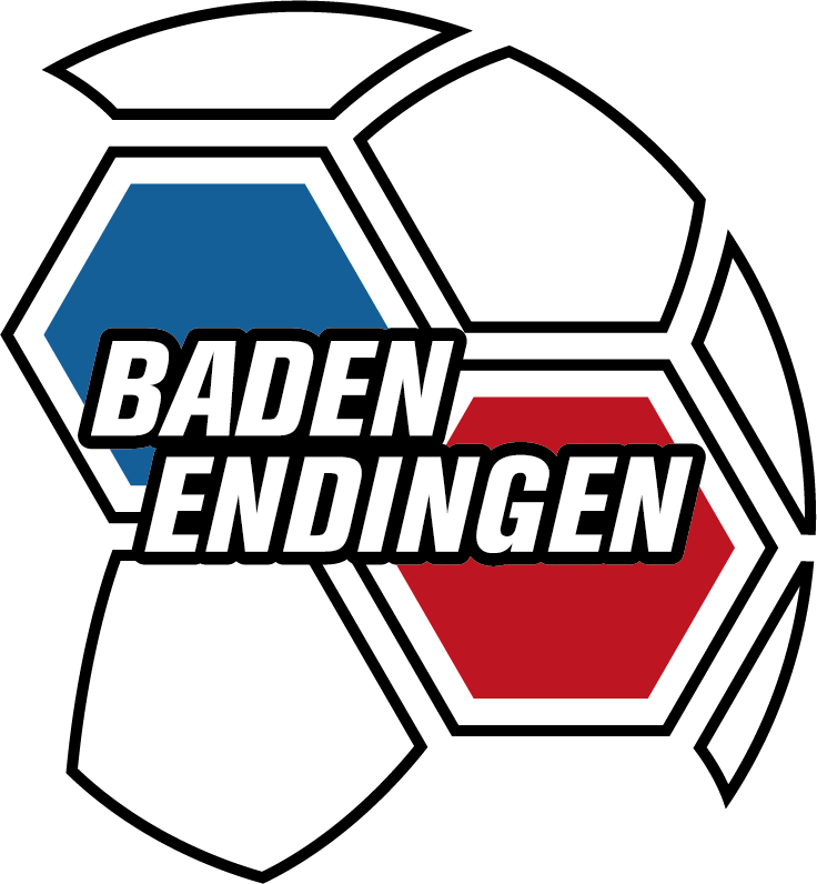 Ein stilisiertes, vom Handball inspiriertes Fußball-Logo mit blauen und roten Sechsecken und einem fetten weißen Text mit der Aufschrift HSG Baden Endingen in der Mitte.
