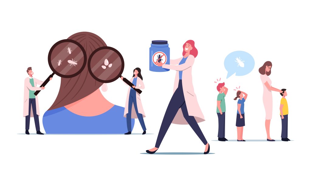 Illustration von &Auml;rzten, die die Kopfhaut eines M&auml;dchens mit Lupen untersuchen und Kopfl&auml;use und Eier finden. Eine Frau h&auml;lt ein Fl&auml;schchen mit L&auml;usemittel in der Hand, w&auml;hrend eine besorgte Mutter vor der Herausforderung steht, die Haare ihrer Kinder auf L&auml;use zu untersuchen.