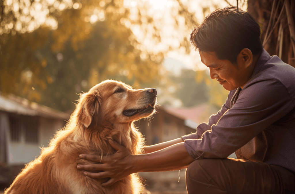 Ein Mann l&auml;chelt warm, w&auml;hrend er einen gl&uuml;cklichen Golden Retriever im Freien in sanftem, goldenem Sonnenlicht sanft im Arm h&auml;lt und anschaut, wie der Hunde-Einsatz zur Gesundheit und Freude beitr&auml;gt.