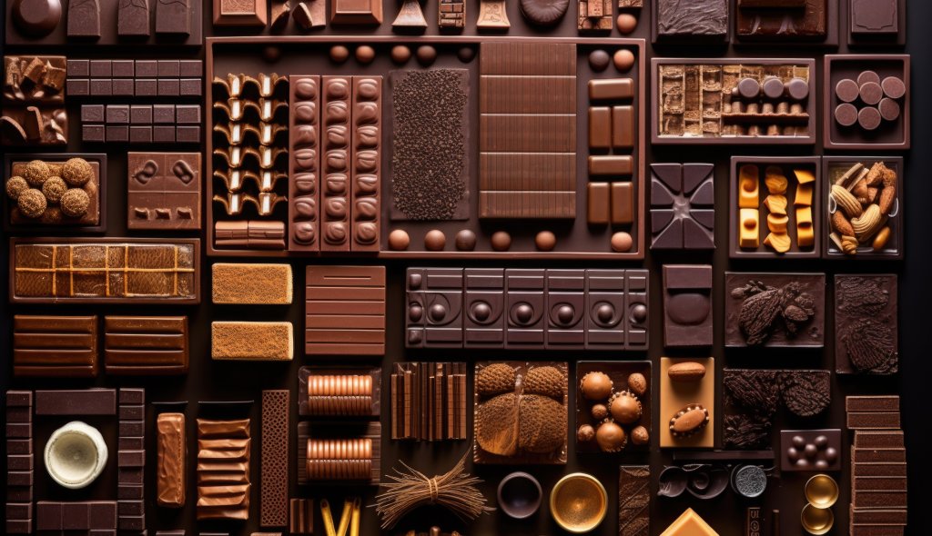 Ein Sortiment von Schokoladenriegeln und -konfekt, fein s&auml;uberlich in einem Gittermuster angeordnet, mit verschiedenen Texturen, Formen und Braunt&ouml;nen - eine s&uuml;&szlig;e Verbindung von Aromen, die die Sinne erfreut.