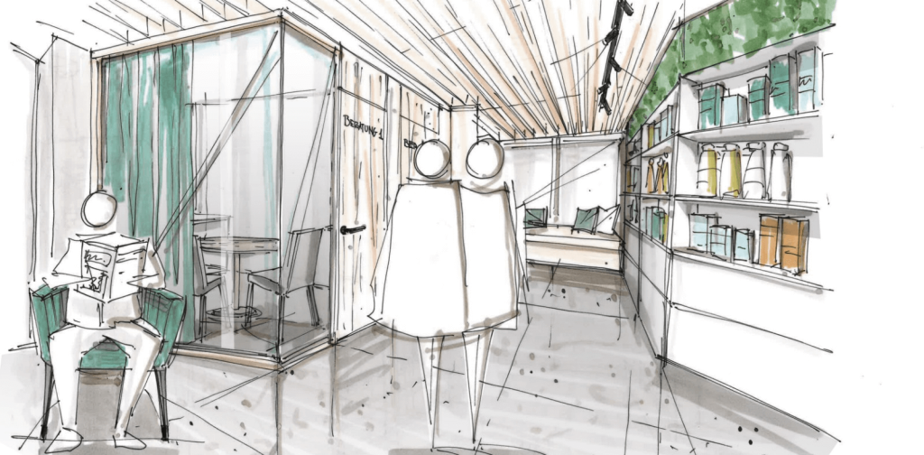 Eine handgezeichnete Skizze einer modernen B&uuml;roeinrichtung, inspiriert von der Modernisierung im Bahnhof Baden, zeigt eine lesende Person in der N&auml;he eines gl&auml;sernen Besprechungsraums, zwei Personen, die spazieren gehen, und B&uuml;cherregale mit B&uuml;chern und Pflanzen an der rechten Wand.