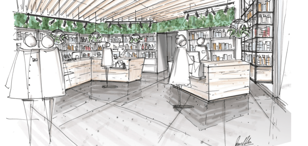 Architekturskizze eines modernen Einzelhandelsgesch&auml;fts in der N&auml;he des Bahnhofs Baden mit Schaufensterpuppen, Regalen und Gr&uuml;npflanzen dar&uuml;ber. Helle Holzakzente, schr&auml;ge Regale und eine offene Gestaltung unterstreichen die Modernisierung.