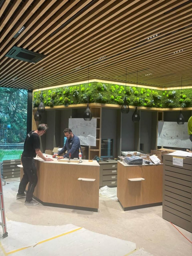 Zwei Personen arbeiten an der Montage von Holztheken in einem modernen, unfertigen Innenraum in der N&auml;he des Bahnhofs Baden, mit einer Holzlattendecke und H&auml;ngelampen. Gr&uuml;npflanzen schm&uuml;cken einen Sims &uuml;ber dem Arbeitsbereich, und Baumaterialien liegen verstreut herum.