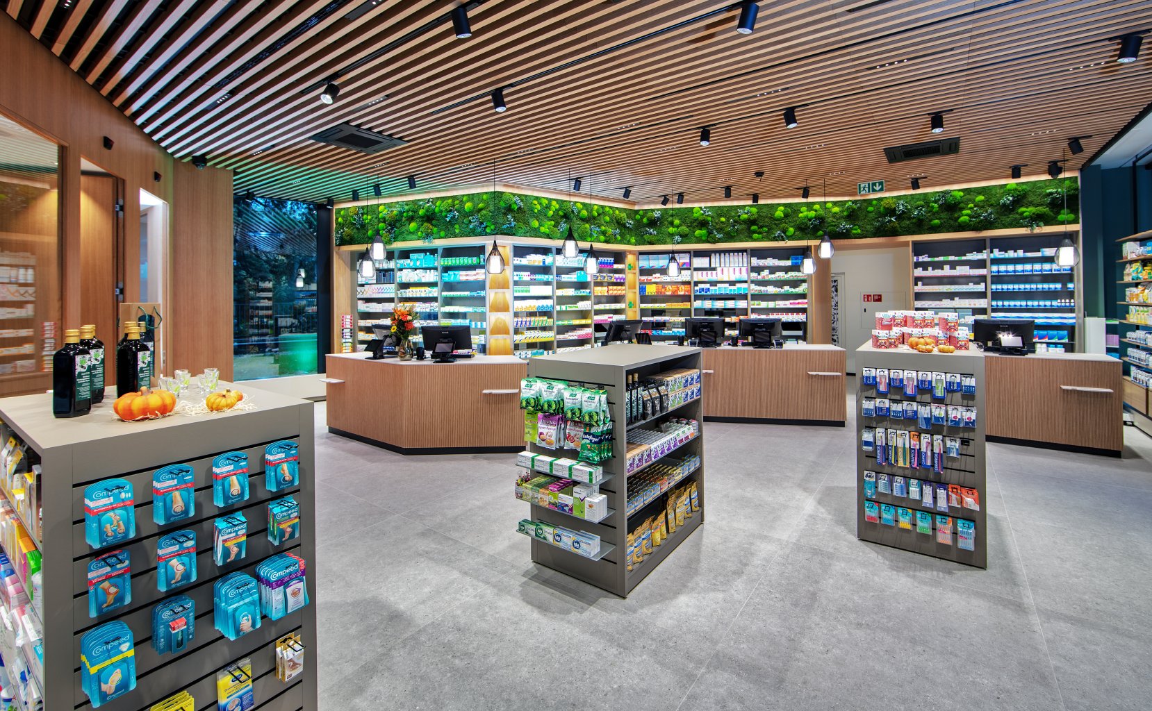 Helle, modern gestaltete Apotheke Wyss am Bahnhof Baden: Holzdecke, gr&uuml;ne Pflanzen an den W&auml;nden und ordentlich sortierte Regale mit Medikamenten und Gesundheitsprodukten. Im Hintergrund befinden sich Theken mit Computern.