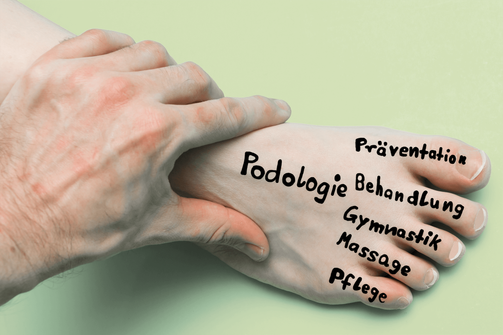 Eine Hand ber&uuml;hrt einen nackten Fu&szlig; auf hellgr&uuml;nem Hintergrund, der F&uuml;sse in guten H&auml;nden symbolisiert. Deutsche Begriffe wie Pr&auml;vention, Podologie, Behandlung, Gymnastik, Massage und Pflege sind auf dem Fu&szlig; geschrieben.