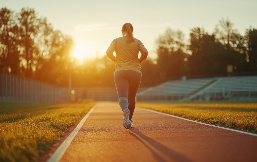 Eine Person in Sportkleidung joggt bei Sonnenaufgang oder Sonnenuntergang auf einer Laufbahn, w&auml;hrend das warme Sonnenlicht lange Schatten wirft und im Hintergrund B&auml;ume und Trib&uuml;nen zu sehen sind, und umarmt den Abnehmen-Hype.