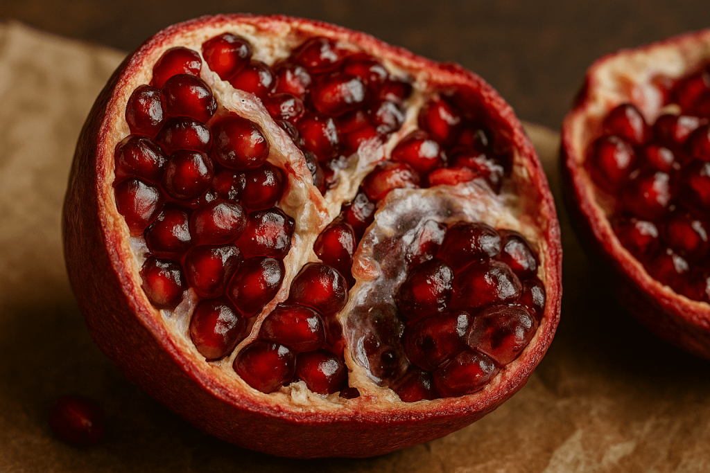 Eine Nahaufnahme eines halbierten Granatapfels mit gl&auml;nzenden, roten Kernen und cremewei&szlig;en Membranen im Inneren der Frucht auf einer braunen Oberfl&auml;che, die den eisenhaltigen Gehalt hervorhebt, der oft in den Ferritin-Testergebnissen diskutiert wird.