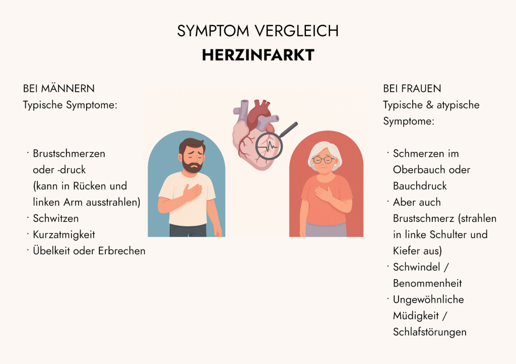 Eine Infografik beleuchtet Geschlechterunterschiede bei Herzinfarkt-Symptomen. Illustrationen zeigen kleine M&auml;nner mit Brustschmerzen und Frauen mit Beschwerden im Bauch. Symptom-Listen und ein zentrales Herzdiagramm erg&auml;nzen die &Uuml;bersicht.