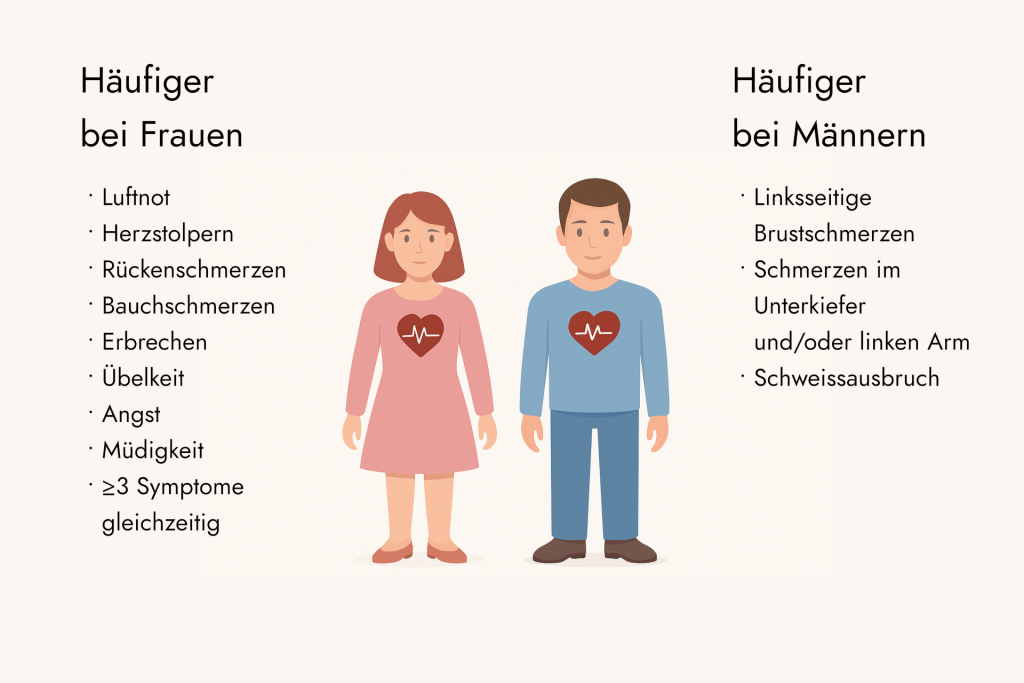 Illustration der Unterschiede bei Herzinfarkt-Symptomen: Frauen mit Kurzatmigkeit und &Uuml;belkeit, kleine M&auml;nner mit Schmerzen auf der linken Brustseite und Schwitzen - beide als Cartoonfiguren mit Herzsymbol auf der Brust.
