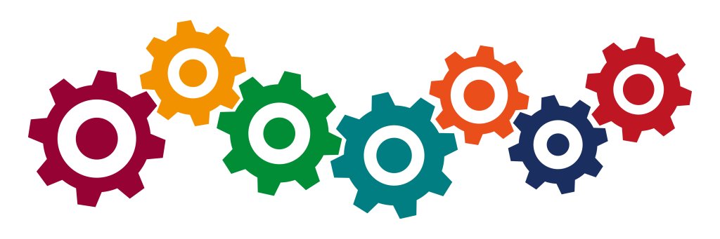 Eine Reihe bunter Zahnr&auml;der in den Farben Rot, Orange, Gelb, Gr&uuml;n, Petrol, Blau und Marineblau sind auf wei&szlig;em Hintergrund diagonal ineinander verschr&auml;nkt und symbolisieren die miteinander verbundenen Schritte auf dem Weg zur Fachapothekerin und die daf&uuml;r erforderliche Teamarbeit.