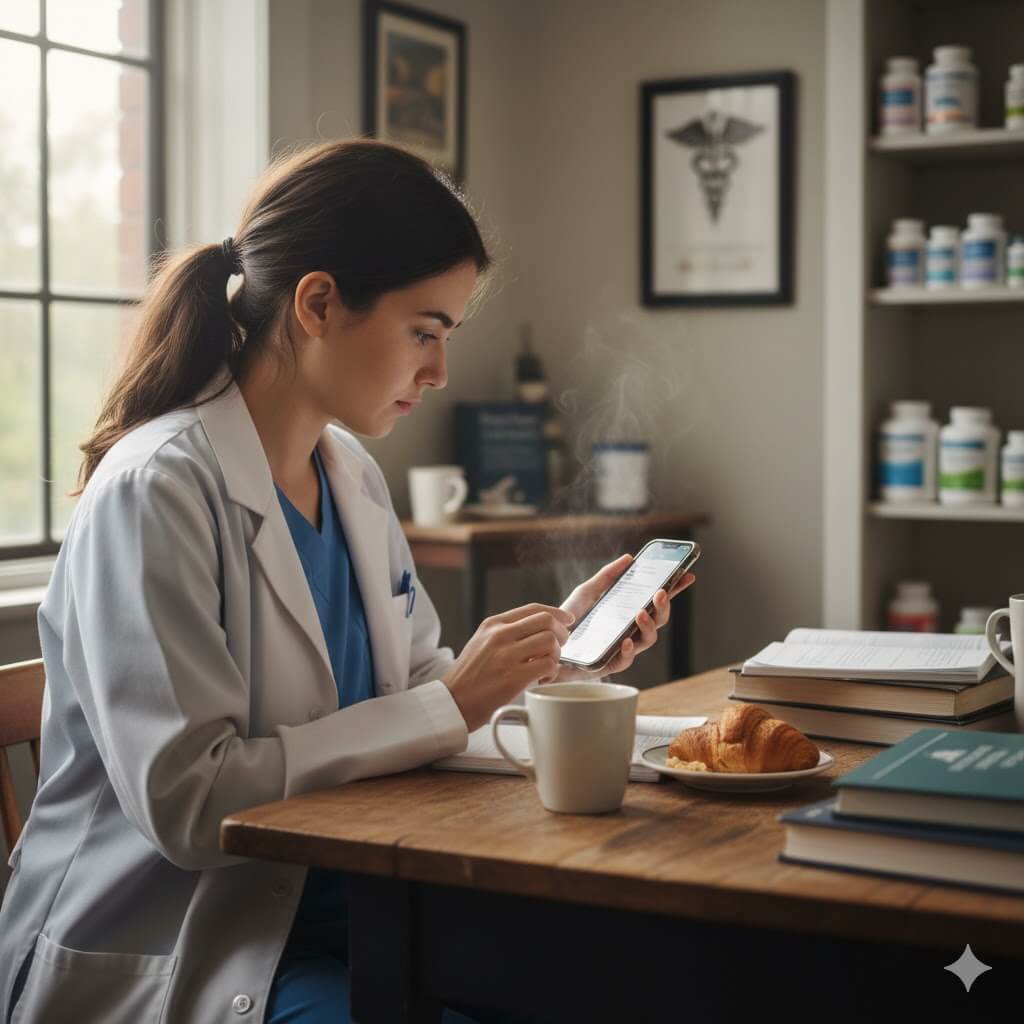 Eine Frau in einem wei&szlig;en Laborkittel sitzt an einem Tisch mit Kaffee, einem Croissant und B&uuml;chern und schaut auf ihr Smartphone in einem Raum mit medizinischen Ger&auml;ten und Sonnenlicht, das durch ein Fenster f&auml;llt.