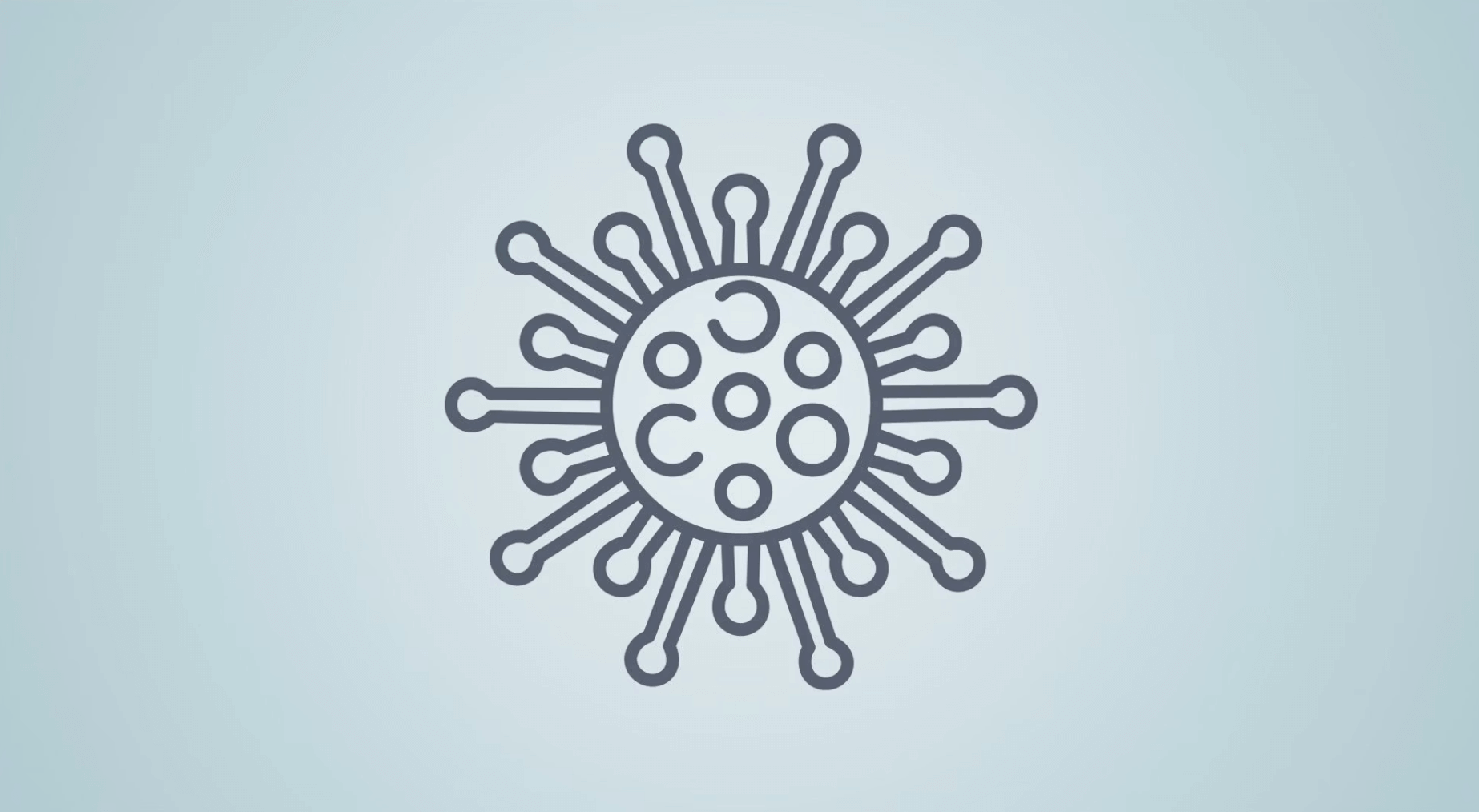 Eine einfache, stilisierte Strichzeichnung eines Virus oder Bazillus mit kreisf&ouml;rmigen Formen in der Mitte und hervorstehenden stachelartigen Strukturen an den R&auml;ndern, vor einem hellblauen Hintergrund.