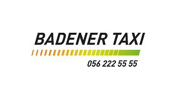 Logo f&uuml;r Badener Taxi mit BADENER TAXI in fetten, schwarzen Buchstaben &uuml;ber einer Linie von orange-gr&uuml;nen Balken mit Farbverlauf, der Telefonnummer 056 222 55 55 in Schwarz unter den gr&uuml;nen Balken und einem dezenten Wyss-Treuekarten-Element.