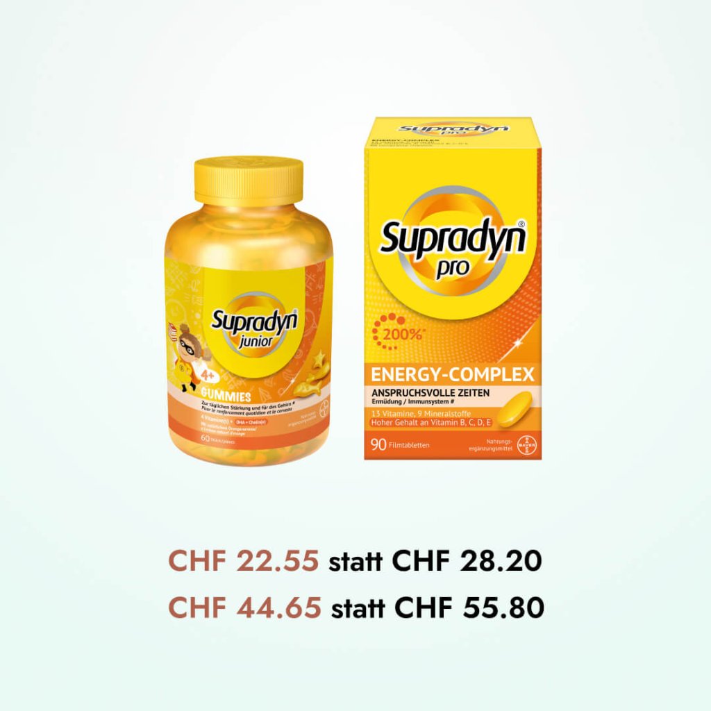 Abgebildet sind zwei Supradyn Vitaminprodukte: eine Flasche Supradyn Junior Gummies und eine Schachtel Supradyn Pro Energy-Complex. Unter jedem Produkt sind vergünstigte und Originalpreise in CHF aufgeführt, ähnlich wie bei unseren Angeboten zu Wärmepflaster und Thermacare.