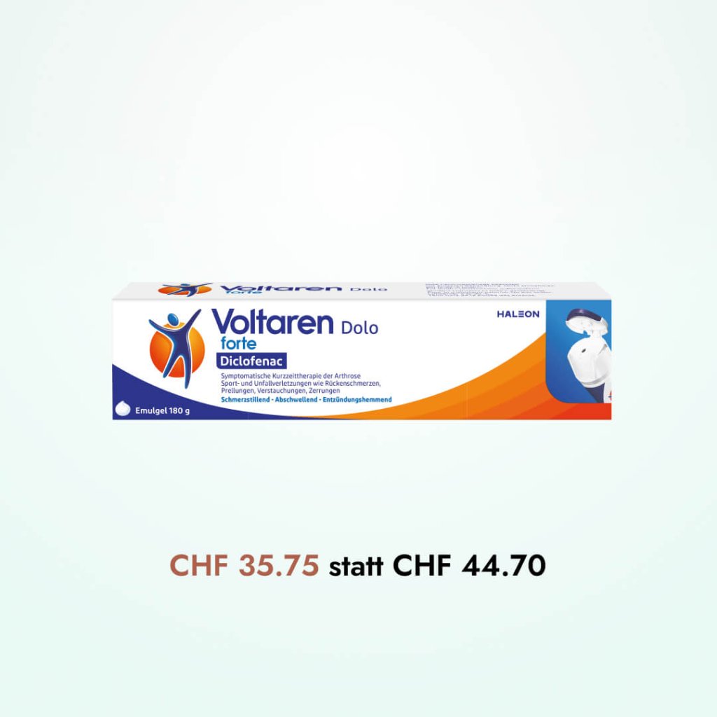 Eine Schachtel Voltaren Dolo forte Diclofenac Gel mit blauer, oranger und weißer Verpackung. Unten abgebildet ist ein reduzierter Preis: CHF 35.75 statt CHF 44.70 - perfekt neben Thermacare Wärmepflaster zur Linderung der Beschwerden.