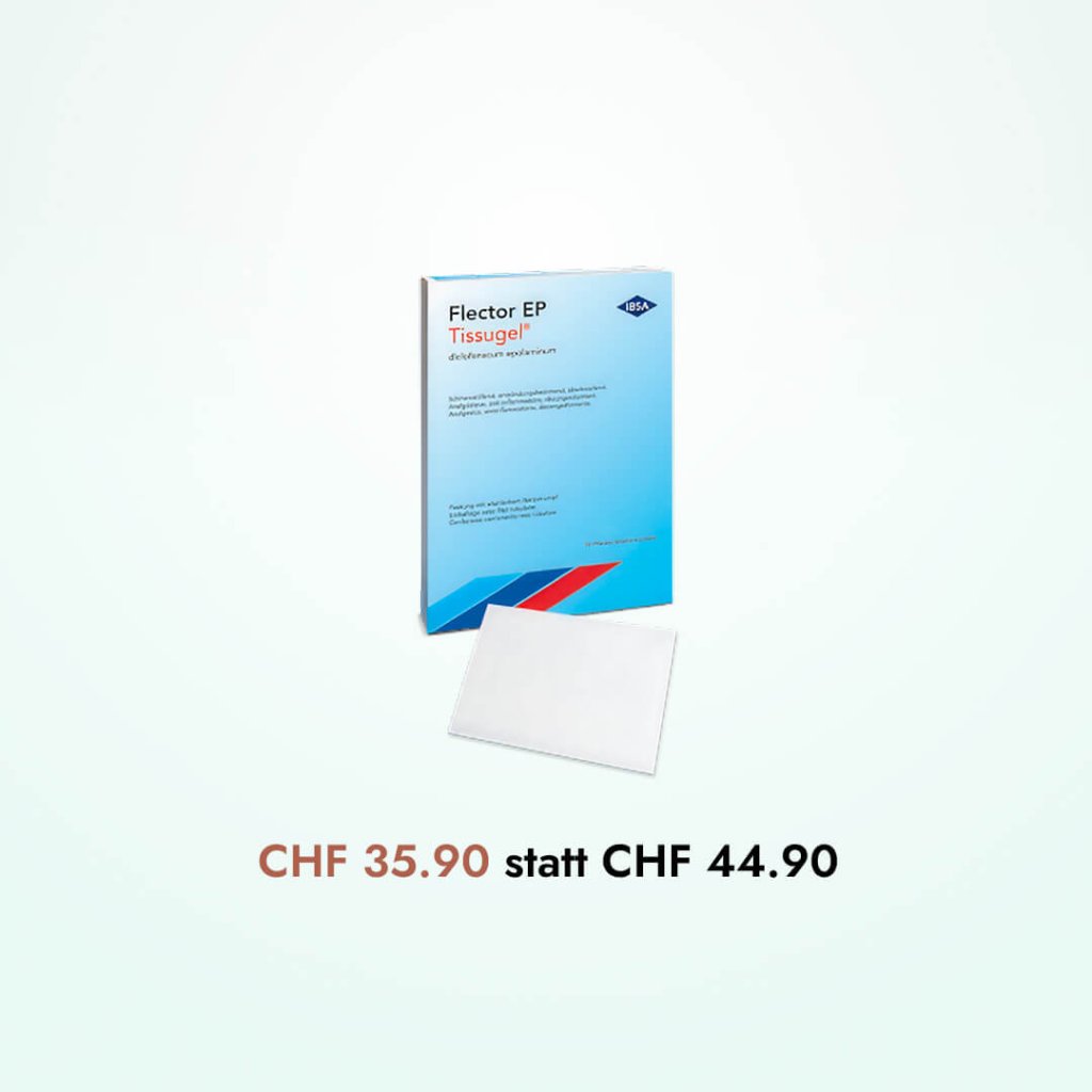 Schachtel mit Flector EP Tissugel Schmerzlinderungspflastern mit einem Pflaster auf der Vorderseite. Der Text darunter zeigt den reduzierten Preis: CHF 35.90 anstelle von CHF 44.90.