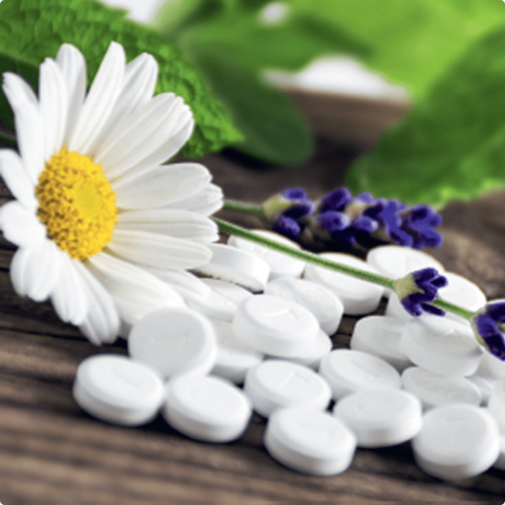 Eine Nahaufnahme von wei&szlig;en Sch&uuml;ssler-Salz-Tabletten, die auf einer h&ouml;lzernen Oberfl&auml;che verstreut sind, mit einer Kamillenbl&uuml;te, Lavendelzweigen und gr&uuml;nen Bl&auml;ttern im Hintergrund - perfekt, um diesen Fr&uuml;hling fit zu bleiben.