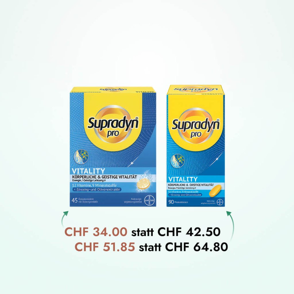 Zwei Schachteln Supradyn pro Vitality Nahrungsergänzungsmittel sind auf hellem Hintergrund abgebildet. Die Verkaufspreise lauten CHF 34.00 (vorher CHF 42.50) und CHF 51.85 (vorher CHF 64.80) in roter und grauer Schrift unter den Schachteln.