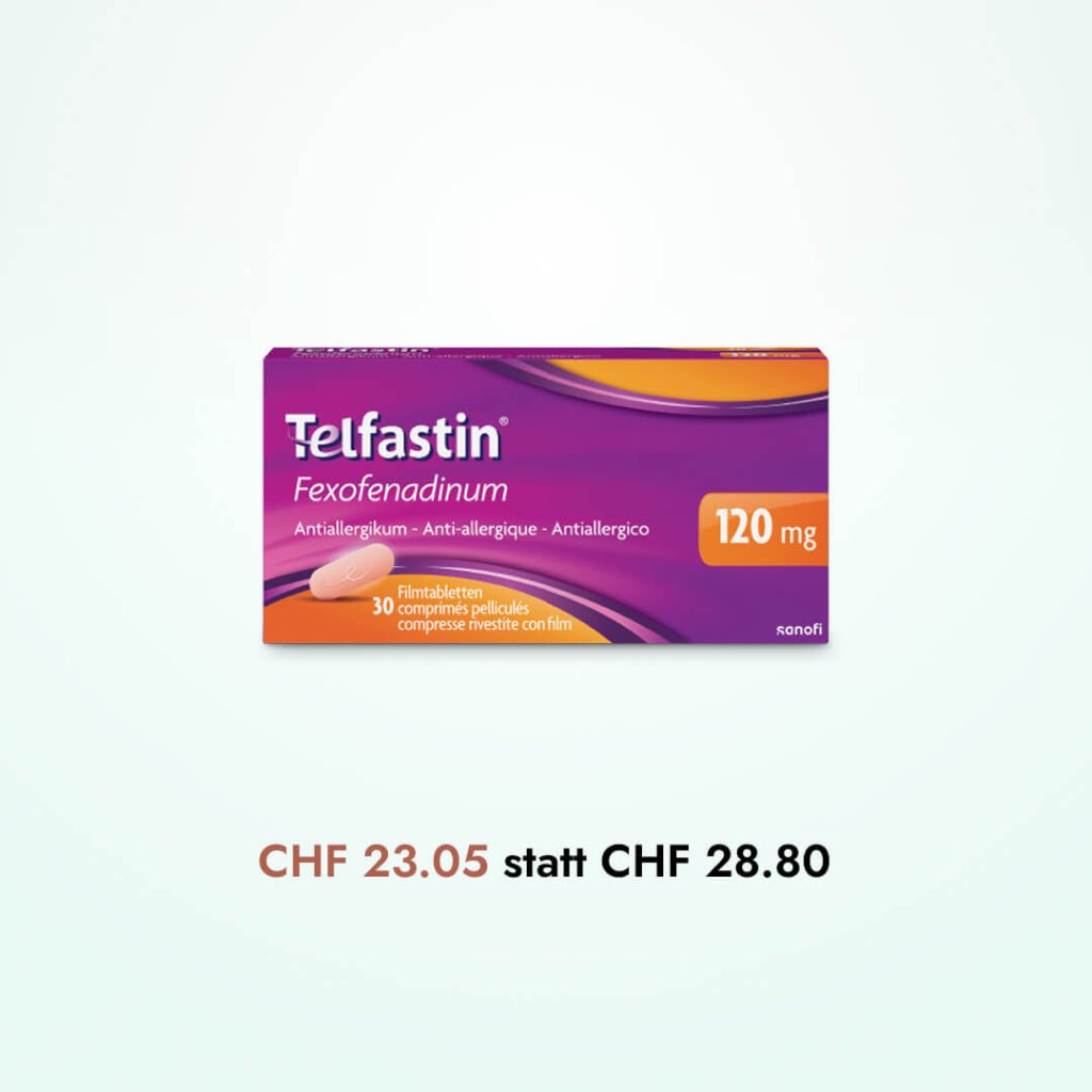 Abgebildet ist eine lila-orangefarbene Schachtel mit Telfastin Fexofenadinum 120 mg Allergietabletten. Darunter steht der Text: CHF 23.05 statt CHF 28.80-der automatisch gespeicherte Entwurf zeigt den aktuellen Rabattpreis.