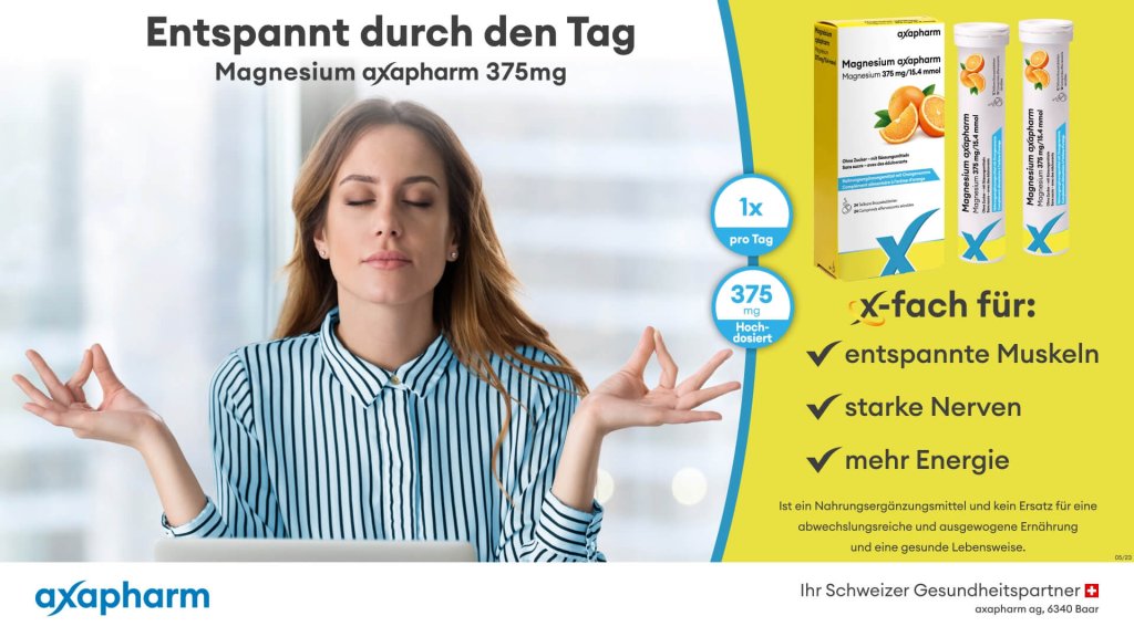 Eine Frau sitzt ruhig mit geschlossenen Augen und H&auml;nden in einer Meditationshaltung. Neben ihr stehen zwei Tuben mit Magnesiumpr&auml;paraten und eine Checkliste, die die Vorteile hervorhebt: entspannte Muskeln, starke Nerven und mehr Energie.