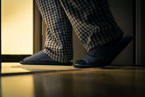 Eine Person in einer blau karierten Pyjamahose und Hausschuhen betritt einen schwach beleuchteten Raum, aus dessen offener T&uuml;r ein warmes Licht str&ouml;mt &ndash; auf der Suche nach Pflanzenkraft, um bei einer Blasenentz&uuml;ndung zu helfen.