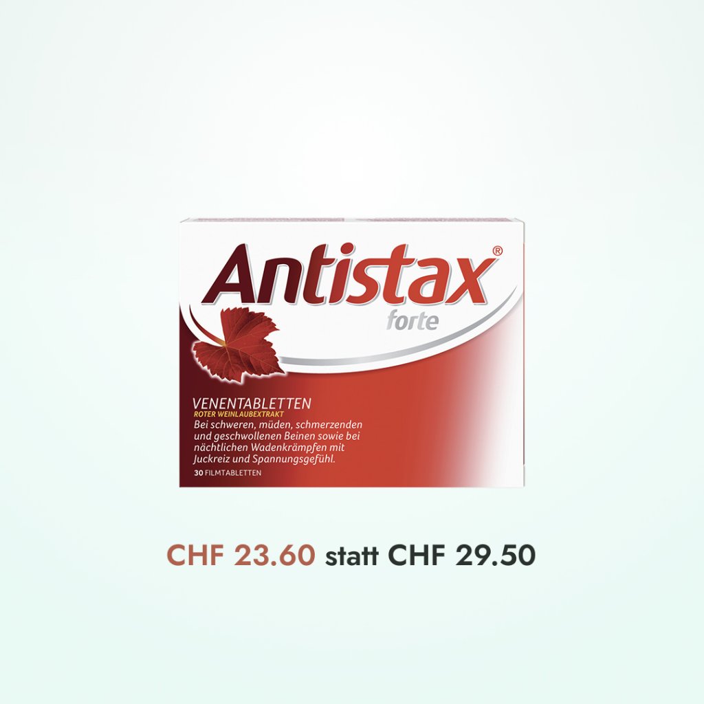 Schachtel mit Antistax forte Venentabletten vor weißem Hintergrund, mit einem roten Ahornblatt-Motiv. Unterhalb der Schachtel ist der Preis von 23,60 CHF statt 29,50 CHF angegeben. Entdecken Sie auch die hormonfreie Feuchtcreme von Vagisan für den Intimbereich.