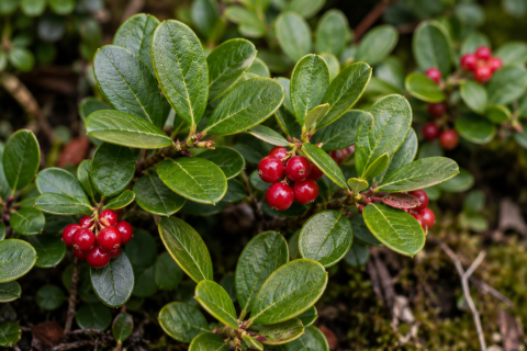 Gr&uuml;ne, belaubte Zweige mit Trauben gl&auml;nzender roter Beeren, die zwischen Moos und Zweigen wachsen &ndash; m&ouml;glicherweise in einem Wald oder einer nat&uuml;rlichen Umgebung &ndash;, verdeutlichen die Pflanzenkraft, die bei einer Blasenentz&uuml;ndung helfen kann.