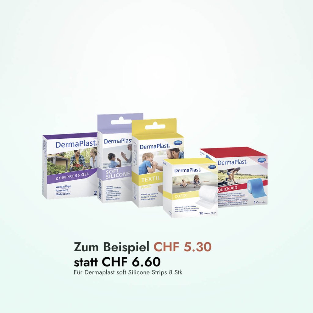 Fünf Schachteln mit medizinischem Zubehör von DermaPlast sind vor einem hellen Hintergrund abgebildet. Der Text darunter bewirbt Zum Beispiel CHF 5.30 statt CHF 6.60 für DermaPlast weiche Silikonstreifen, 8er-Pack, neben Produkten von Magnesium Biomed.