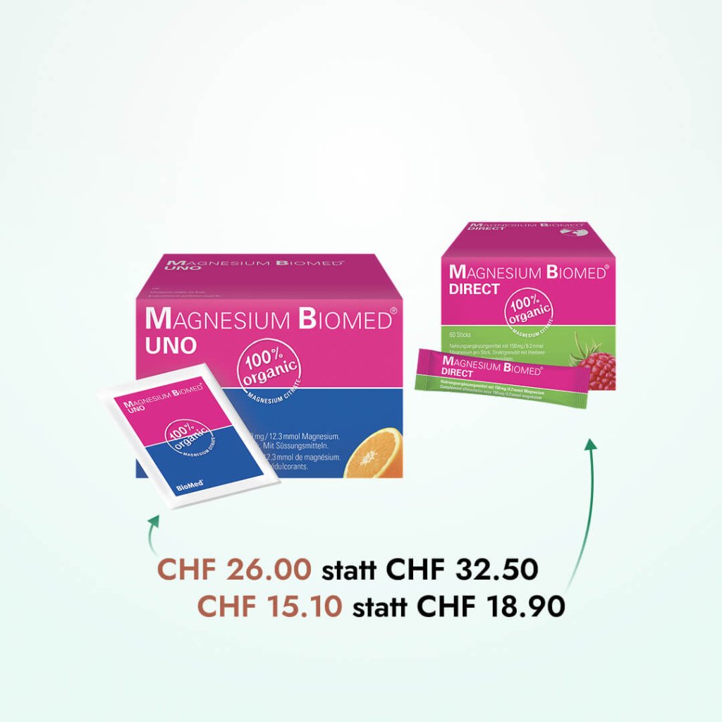 Zwei Schachteln Magnesium Biomed-Ergänzungsmittel - Magnesium Uno und Magnesium Direct - mit einem Beutel auf der Vorderseite. Die reduzierten Preise betragen CHF 26.00 (vorher CHF 32.50) und CHF 15.10 (vorher CHF 18.90).