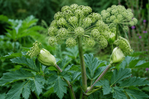 Die Green-Angelica-Pflanze mit ihren gro&szlig;en, runden Bl&uuml;tenst&auml;nden aus kleinen gr&uuml;nlich-wei&szlig;en Bl&uuml;ten und breiten, gezackten Bl&auml;ttern, die die Pflanzenkraft demonstrieren, die bei Blasenentz&uuml;ndungen helfen kann, vor einem &uuml;ppigen, gr&uuml;nen Hintergrund.