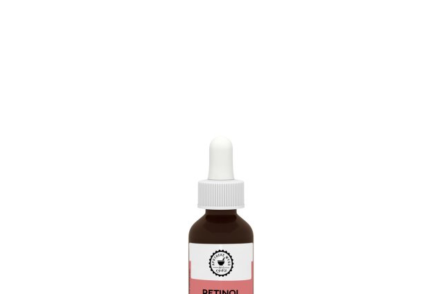 Eine kleine braune Tropfflasche mit einem wei&szlig;en Verschluss und einem Etikett mit der Aufschrift &bdquo;Retinol 0,3 %&ldquo;. Die Flasche ist mittig auf einem schlichten wei&szlig;en Hintergrund abgebildet.