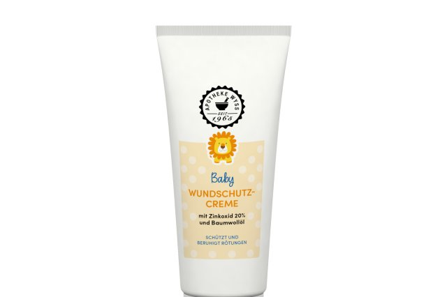 Eine Tube PENATEN Baby-Wundschutzcreme mit Zinkoxid und Baumwollsamen&ouml;l, speziell f&uuml;r empfindliche Haut entwickelt. Die Tube ist wei&szlig; mit gelben Punkten und einem blauen PENATEN-Logo &uuml;ber dem Produktnamen.
